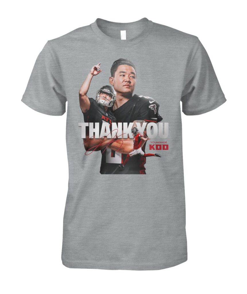 Introducing the "Falcons Thank You Younghoe Koo Shirt"—a must-have for any dedicated fan looking to celebrate one of the most exciting players in the game! This stylish shirt not only showcases your unwavering support for the Falcons but also pays tribute to Younghoe Koo, a standout kicker whose impressive performances have captured our hearts. Grab your "Falcons Thank You Younghoe Koo T Shirts" today and join fellow fans in celebrating a player who truly embodies the spirit of Atlanta football!